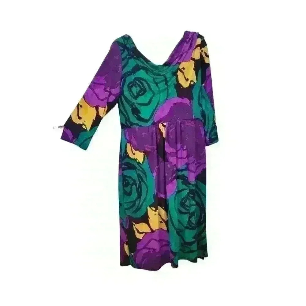 SANGRIA Womans MULTI-COLOR FLORAL Dress 3/4 Sleeves WATERFALL Neck size 14 Lg